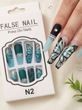 Luxury Teal Butterfly Press On Nails - Long Coffin Rhinestone Set 24 pcs.